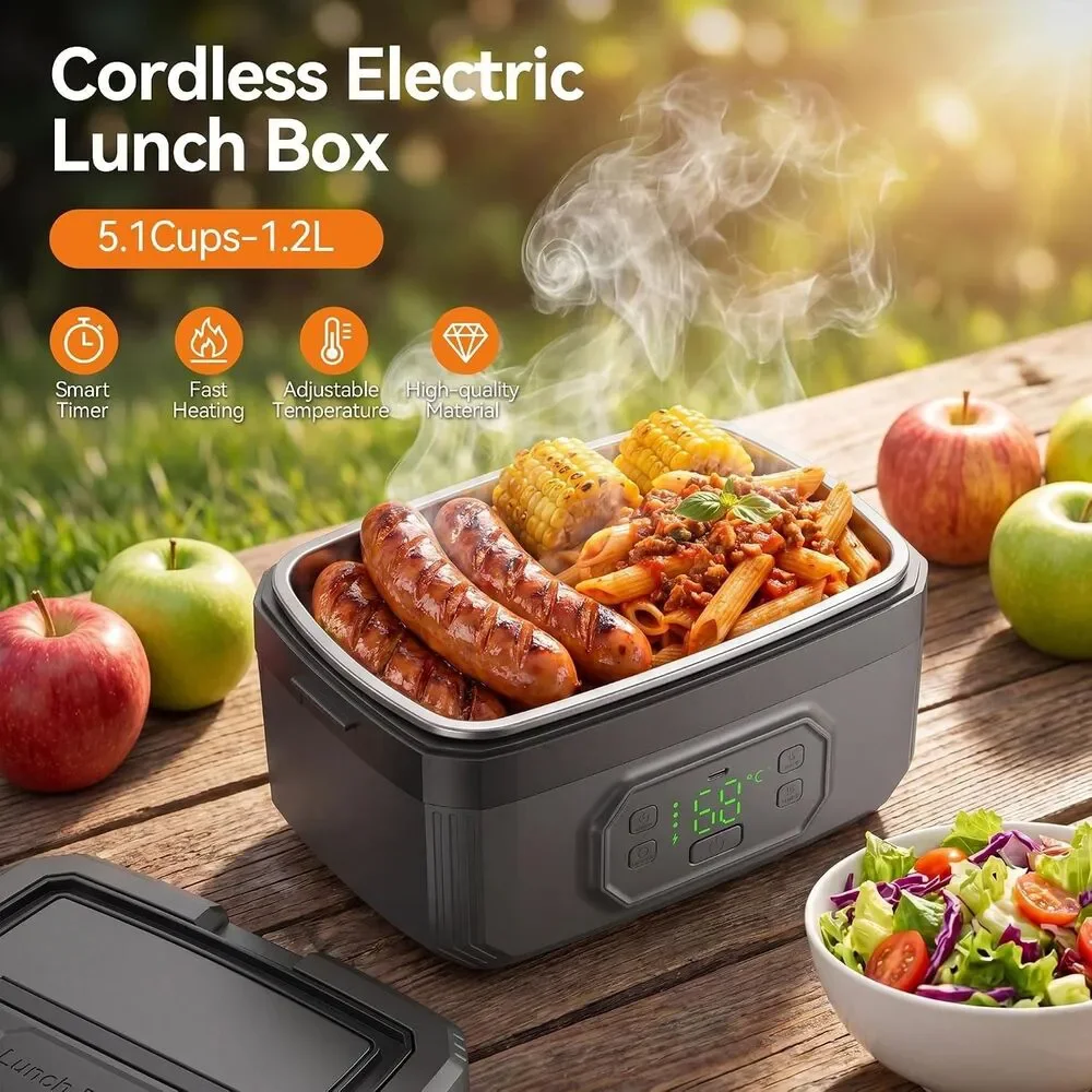 Cordless Electric Lunch Box for Adults, 1.2L 24000mAh Rechargeable Heated Lunch